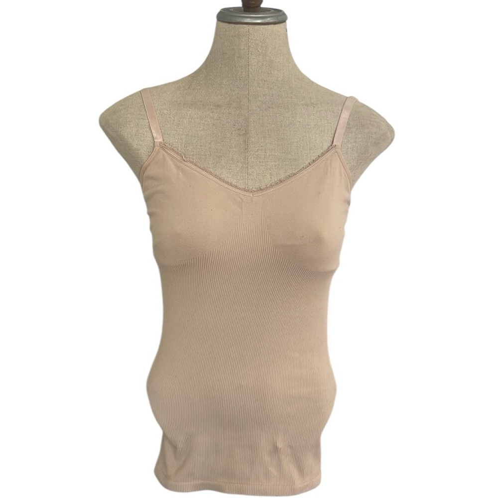 Ribbed nude Beige Camisole cami built-in shelf bra adjustable spaghetti straps L